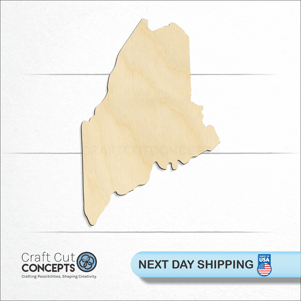 Craft Cut Concepts logo and next day shipping banner with an unfinished wood State - Maine CRAFTY craft shape and blank