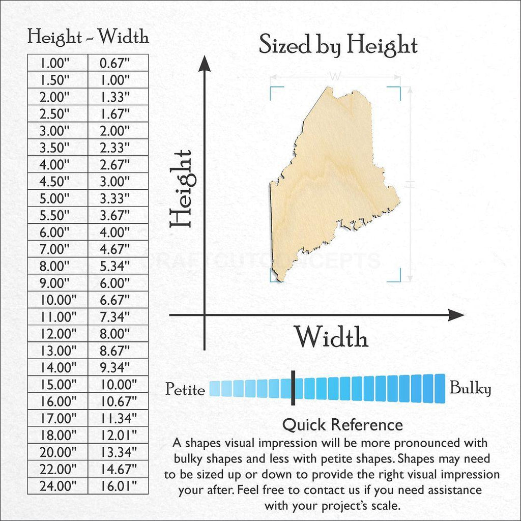 Sizes available for a laser cut State - Maine craft blank