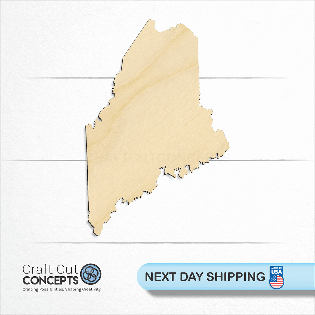 Craft Cut Concepts logo and next day shipping banner with an unfinished wood State - Maine craft shape and blank