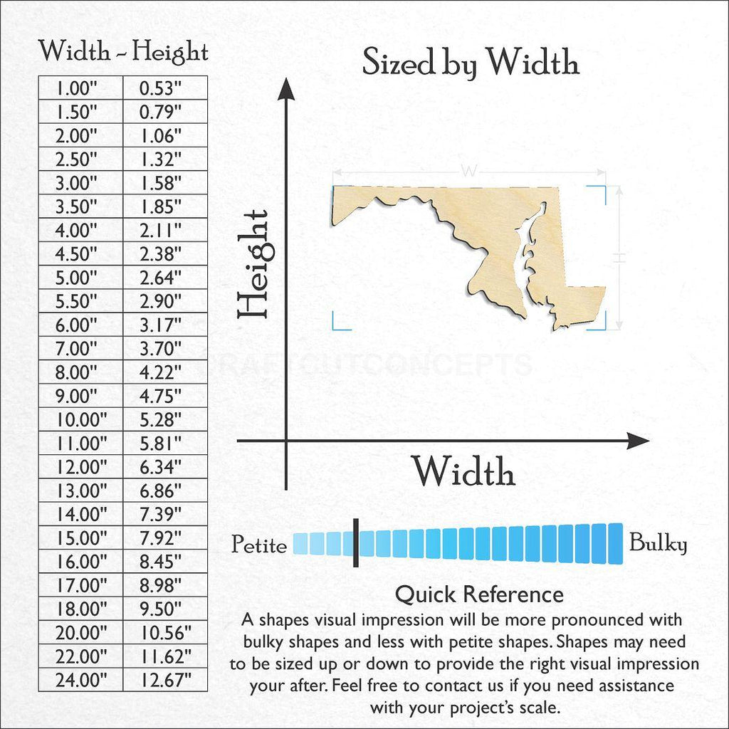 Sizes available for a laser cut State - Maryland CRAFTY craft blank