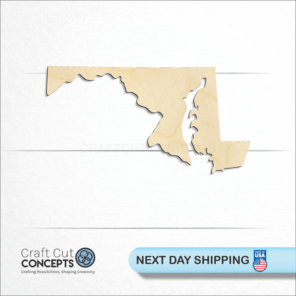 Craft Cut Concepts logo and next day shipping banner with an unfinished wood State - Maryland CRAFTY craft shape and blank