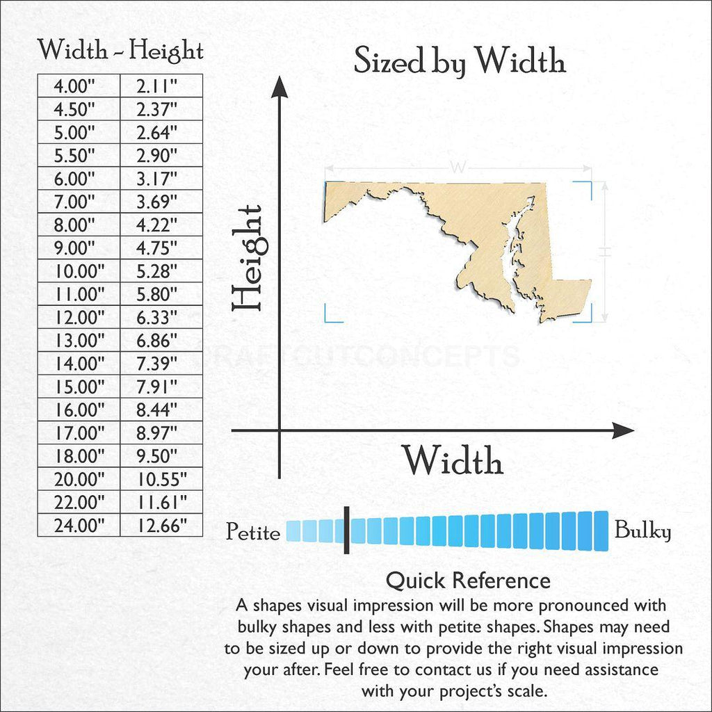 Sizes available for a laser cut State - Maryland craft blank