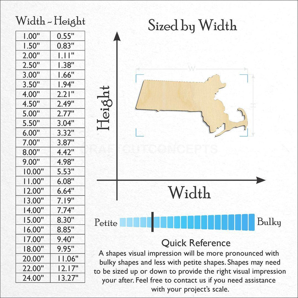 Sizes available for a laser cut State - Massachusetts CRAFTY craft blank