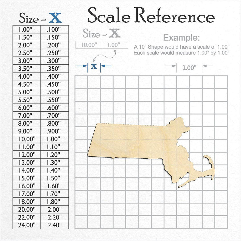 A scale and graph image showing a wood State - Massachusetts CRAFTY craft blank