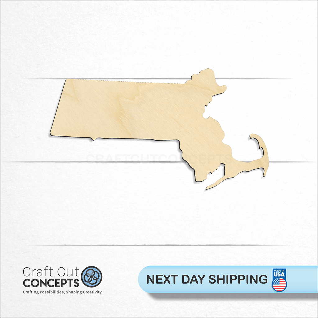 Craft Cut Concepts logo and next day shipping banner with an unfinished wood State - Massachusetts CRAFTY craft shape and blank