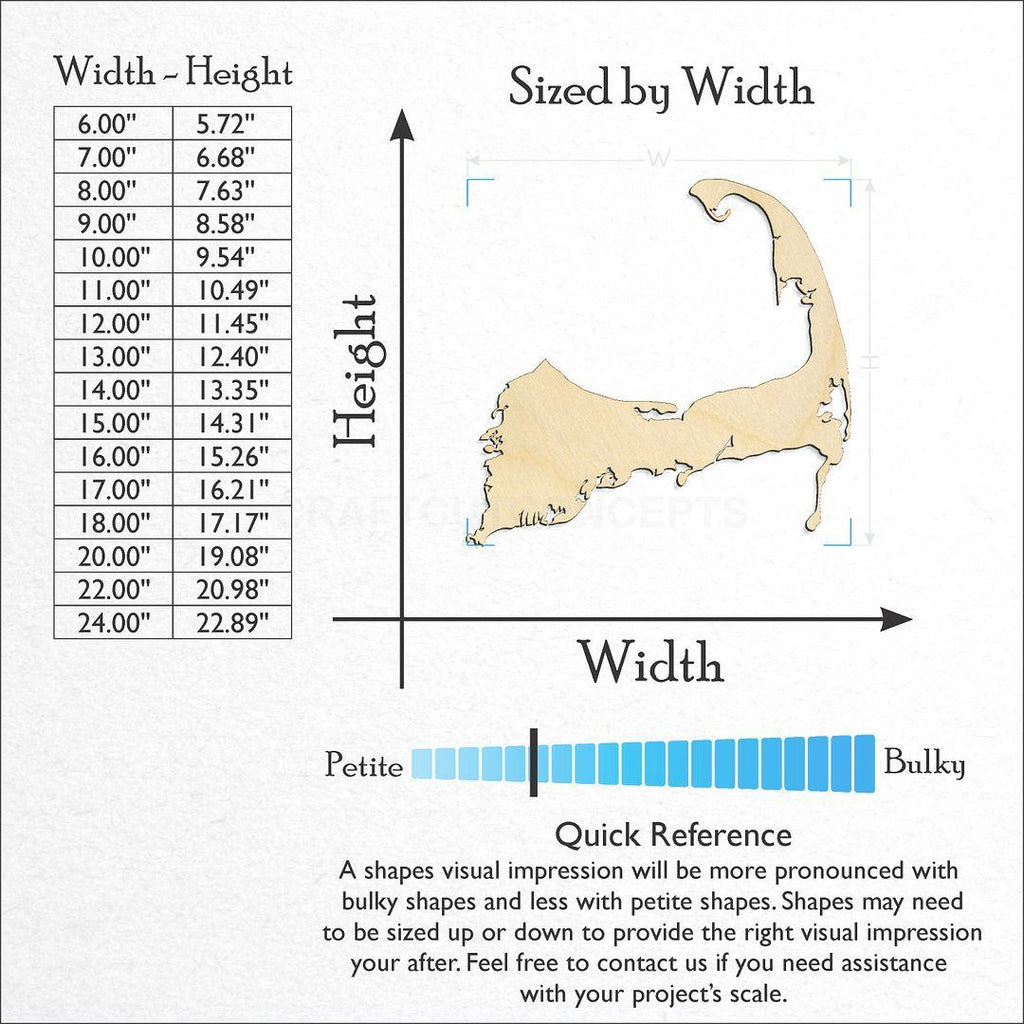 Sizes available for a laser cut State - Massachusetts CAPE craft blank
