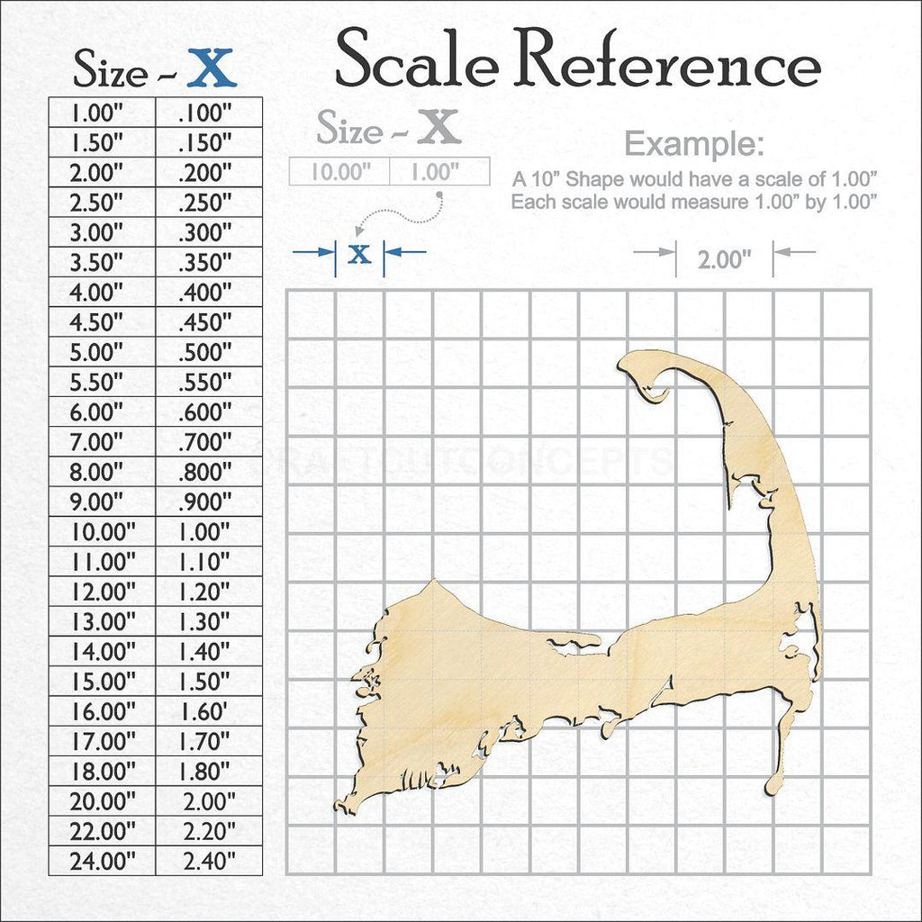 A scale and graph image showing a wood State - Massachusetts CAPE craft blank