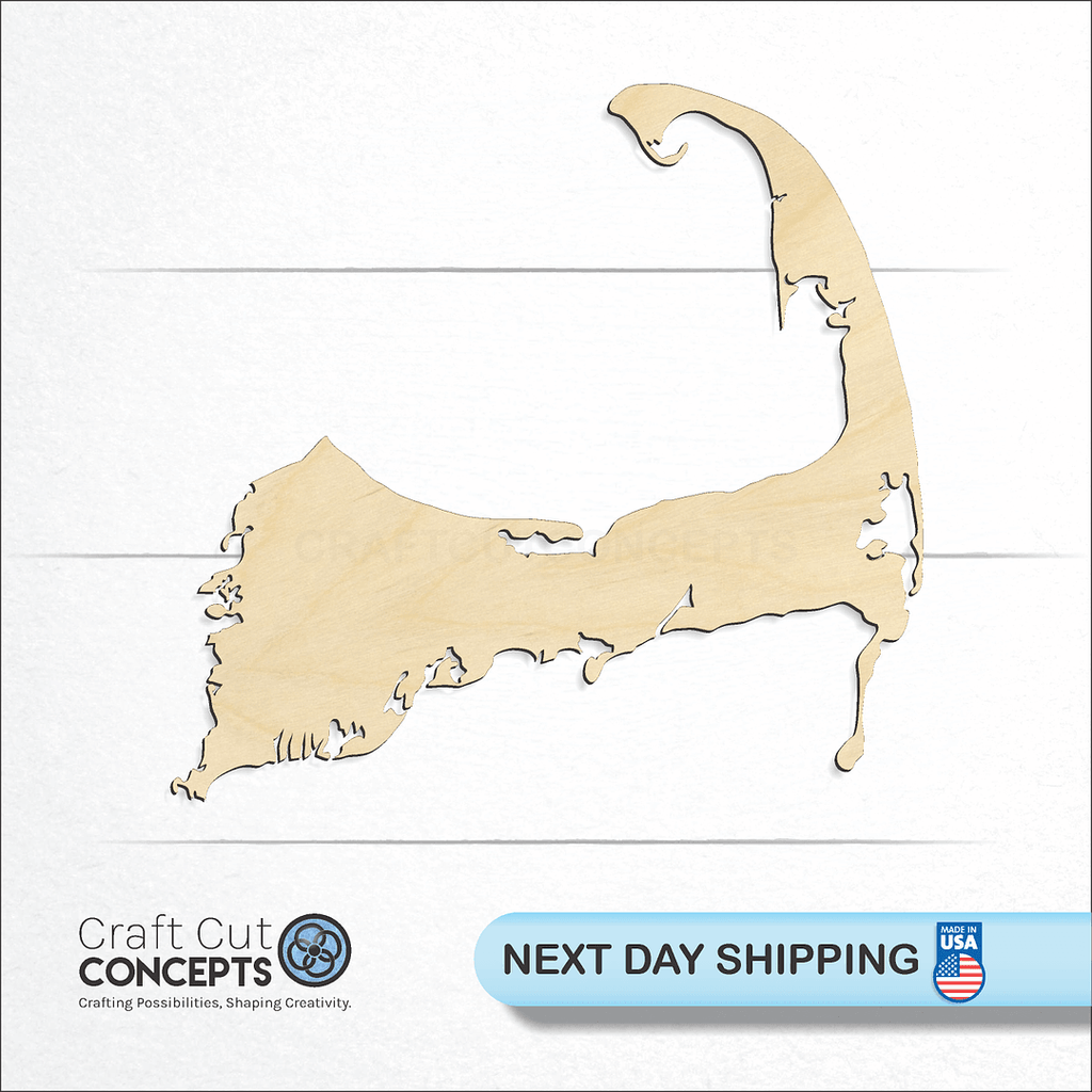 Craft Cut Concepts logo and next day shipping banner with an unfinished wood State - Massachusetts CAPE craft shape and blank