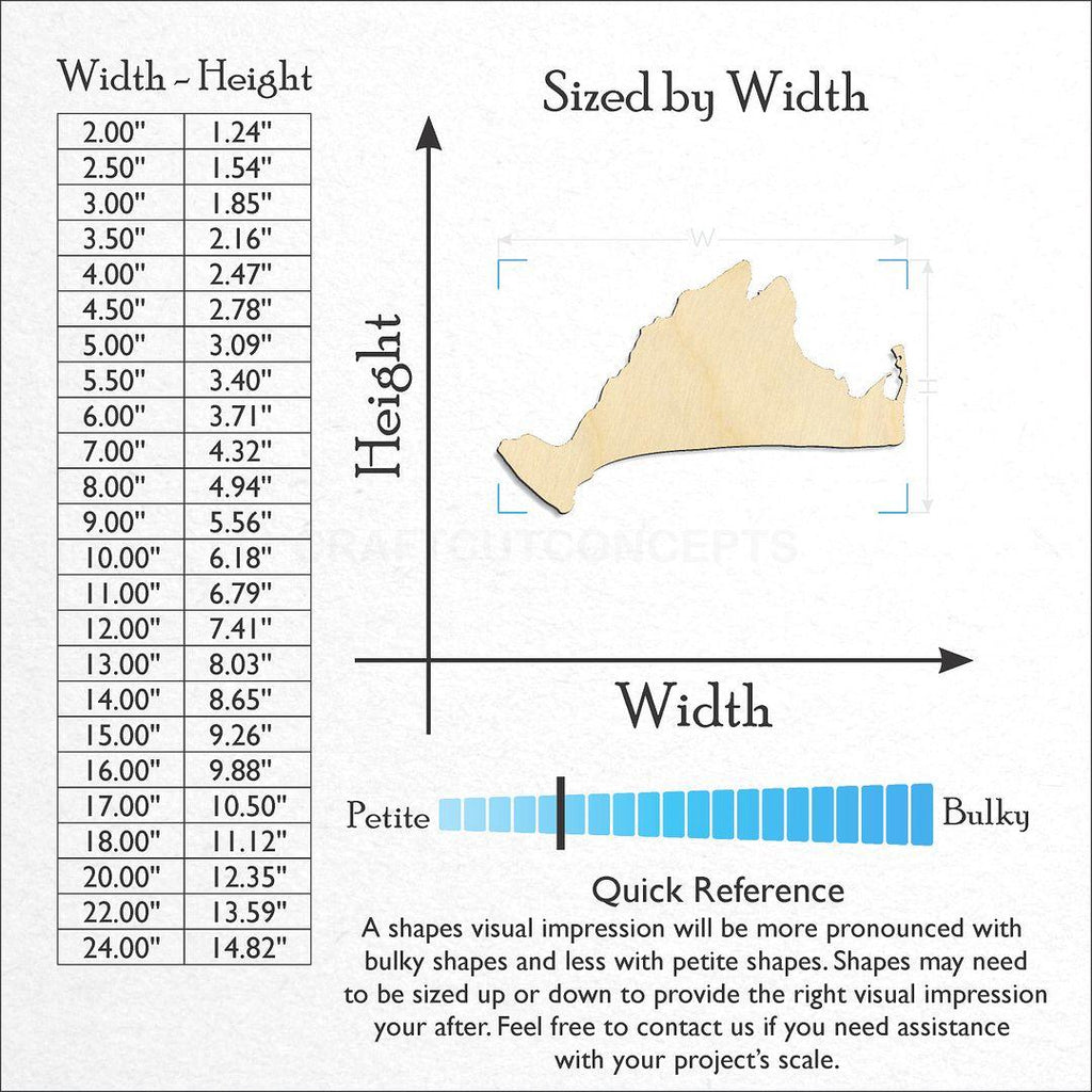 Sizes available for a laser cut State - Massachusetts Mathas Vineyard craft blank