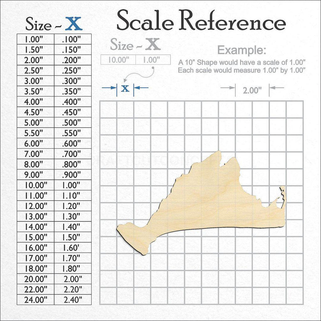 A scale and graph image showing a wood State - Massachusetts Mathas Vineyard craft blank