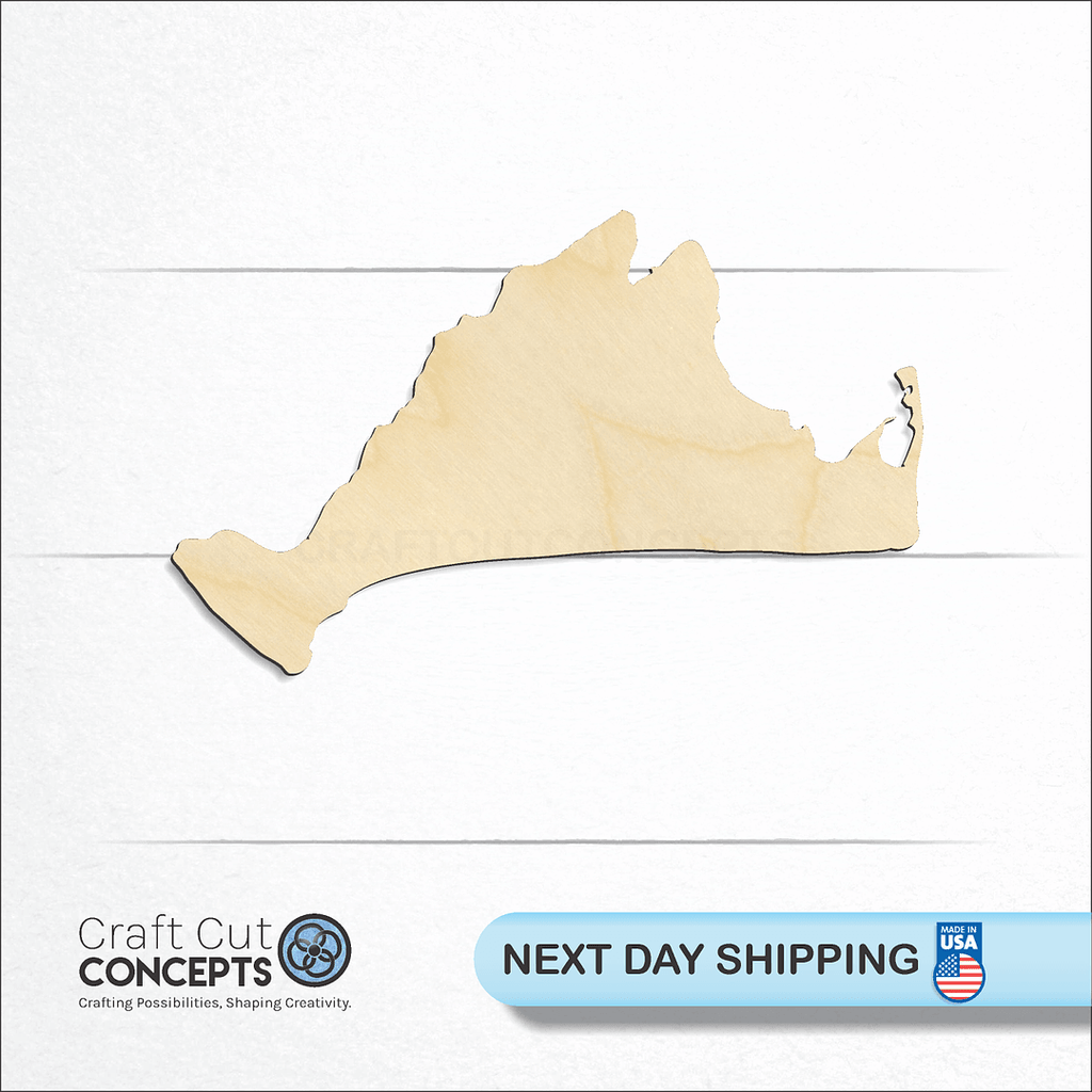 Craft Cut Concepts logo and next day shipping banner with an unfinished wood State - Massachusetts Mathas Vineyard craft shape and blank