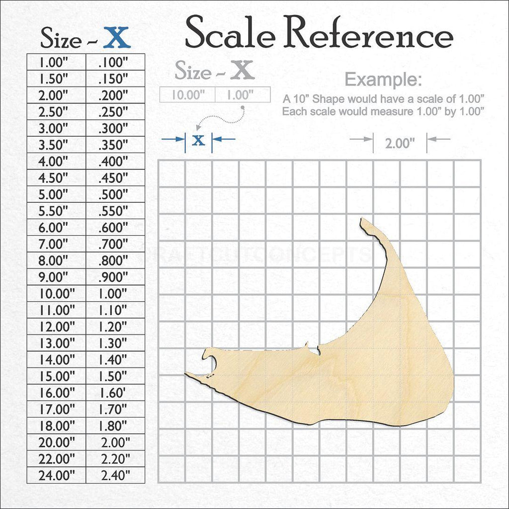 A scale and graph image showing a wood State - Massachusetts Nantucket craft blank