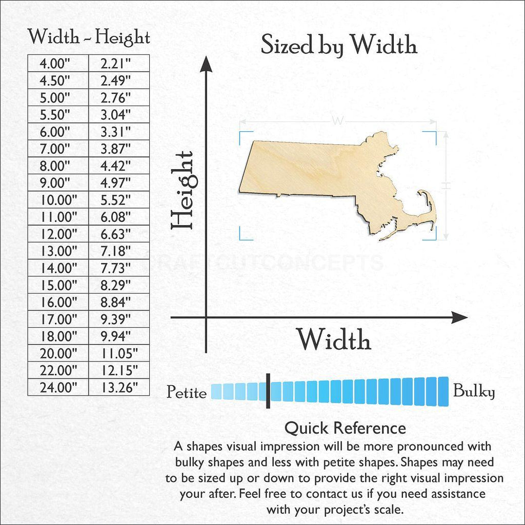 Sizes available for a laser cut State - Massachusetts craft blank