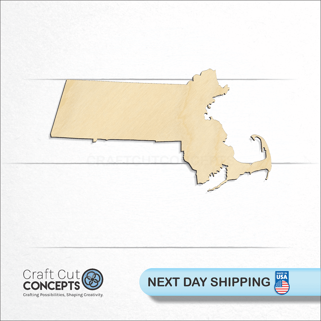 Craft Cut Concepts logo and next day shipping banner with an unfinished wood State - Massachusetts craft shape and blank