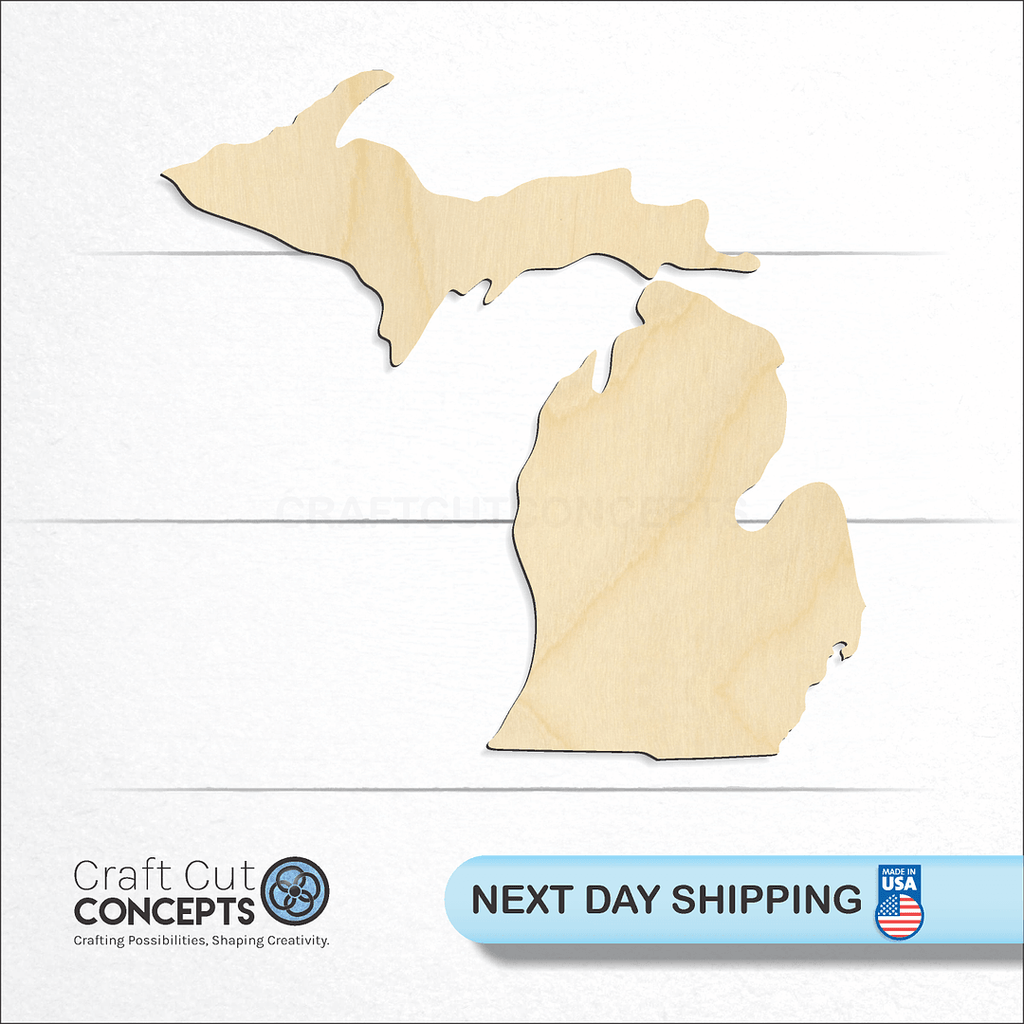 Craft Cut Concepts logo and next day shipping banner with an unfinished wood State - Michigan CRAFTY craft shape and blank