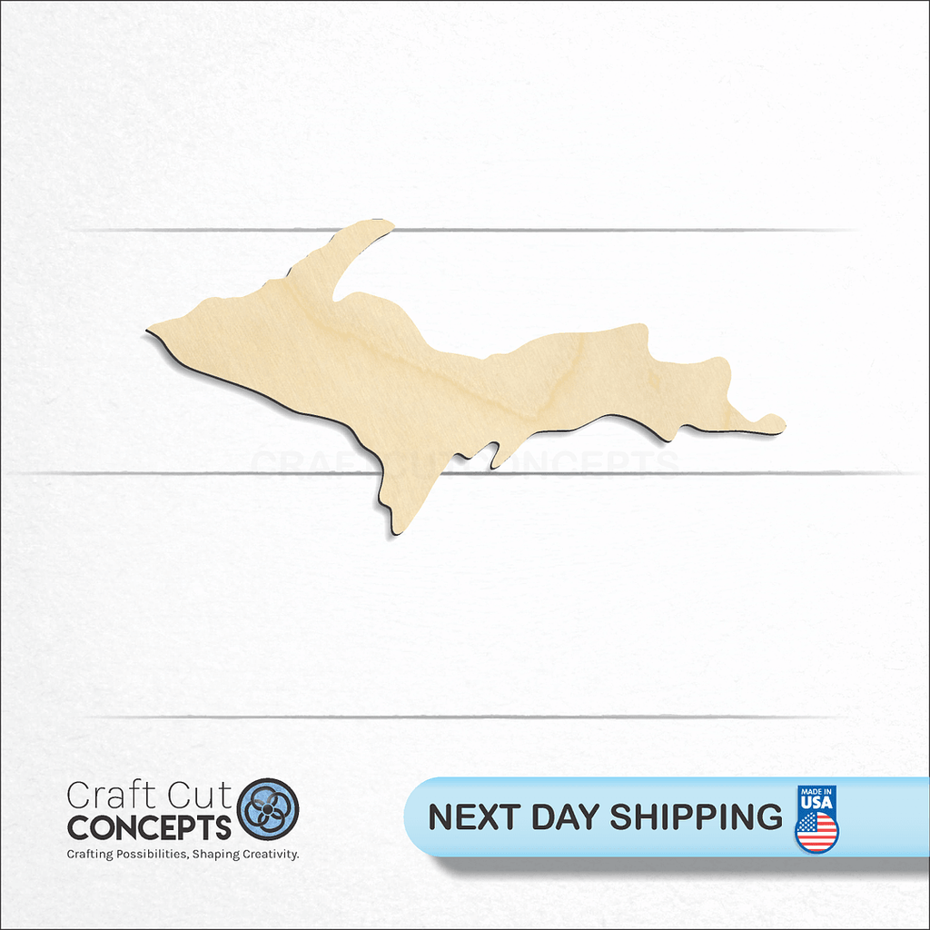 Craft Cut Concepts logo and next day shipping banner with an unfinished wood State - Michigan UP CRAFTY craft shape and blank