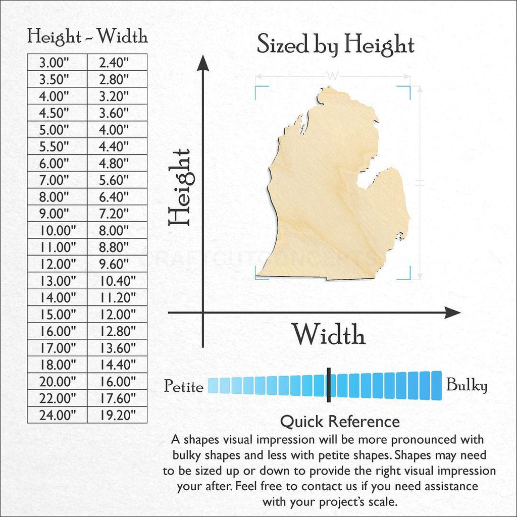 Sizes available for a laser cut State - Michigan LP craft blank