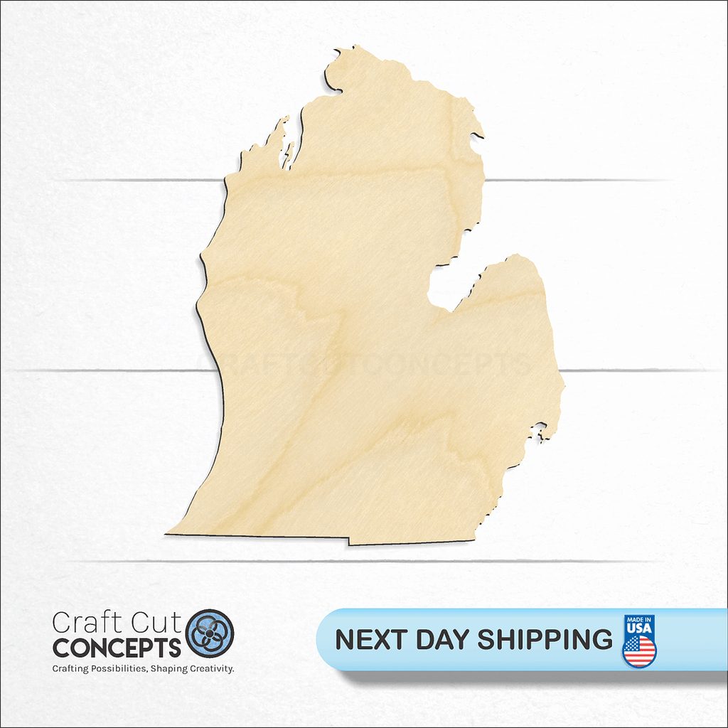 Craft Cut Concepts logo and next day shipping banner with an unfinished wood State - Michigan LP craft shape and blank