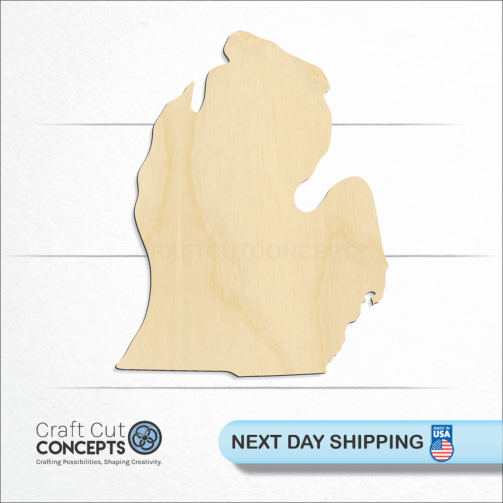 Craft Cut Concepts logo and next day shipping banner with an unfinished wood State - Michigan LP CRAFTY craft shape and blank