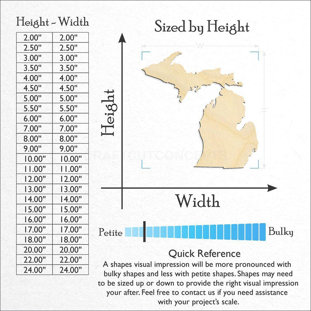 Sizes available for a laser cut State - Michigan craft blank