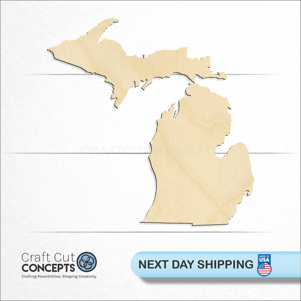 Craft Cut Concepts logo and next day shipping banner with an unfinished wood State - Michigan craft shape and blank