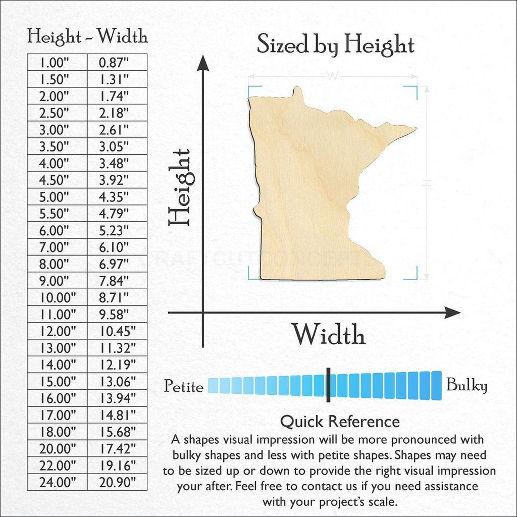 Sizes available for a laser cut State - Minnesota CRAFTY craft blank