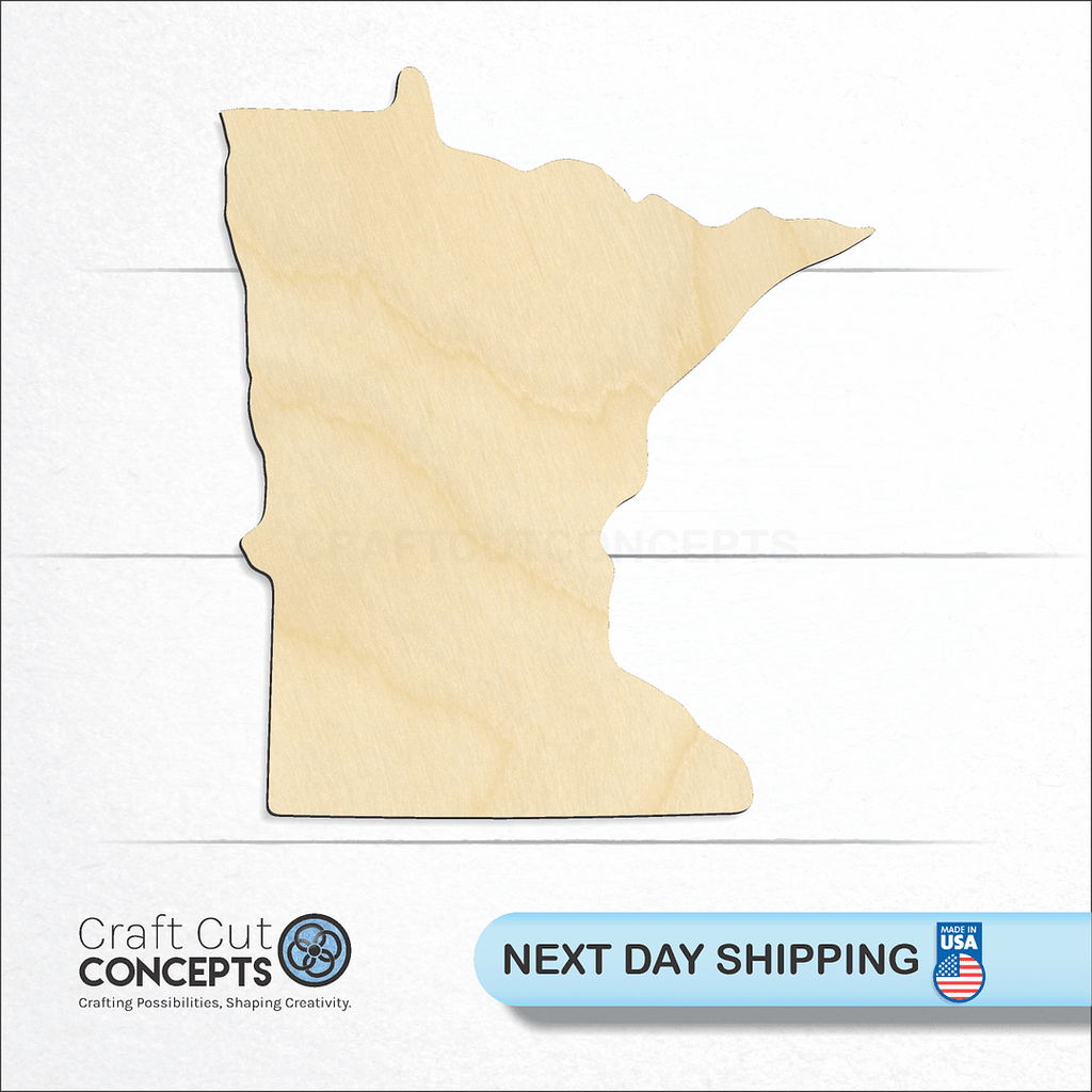 Craft Cut Concepts logo and next day shipping banner with an unfinished wood State - Minnesota CRAFTY craft shape and blank