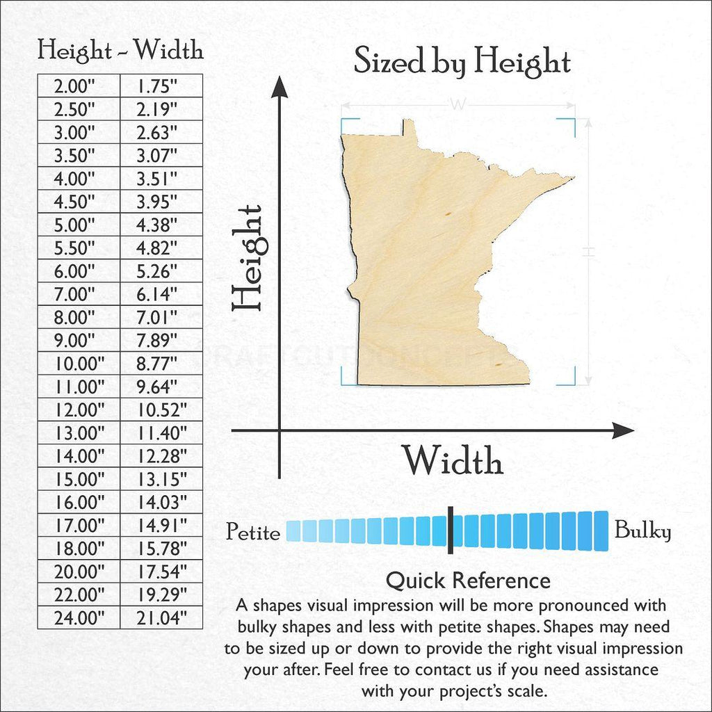 Sizes available for a laser cut State - Minnesota craft blank