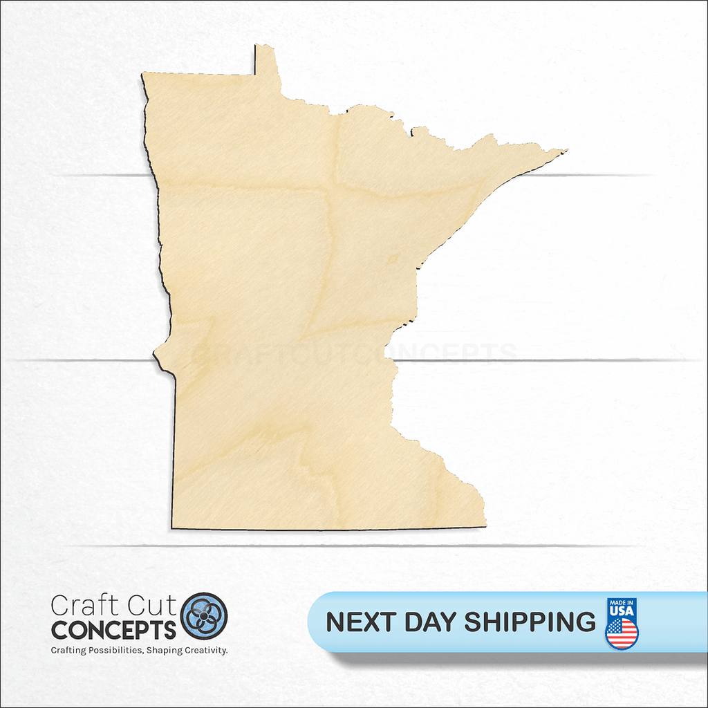 Craft Cut Concepts logo and next day shipping banner with an unfinished wood State - Minnesota craft shape and blank