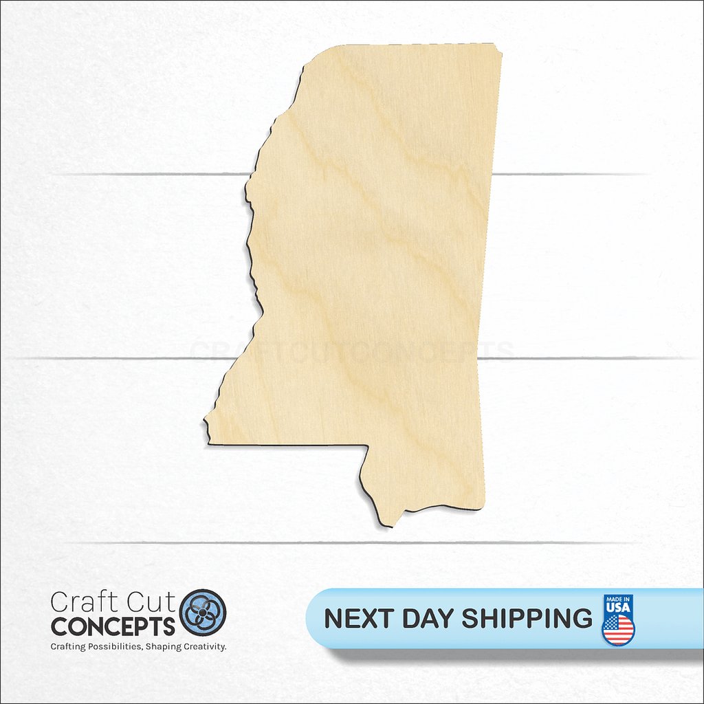 Craft Cut Concepts logo and next day shipping banner with an unfinished wood State - Mississippi CRAFTY craft shape and blank