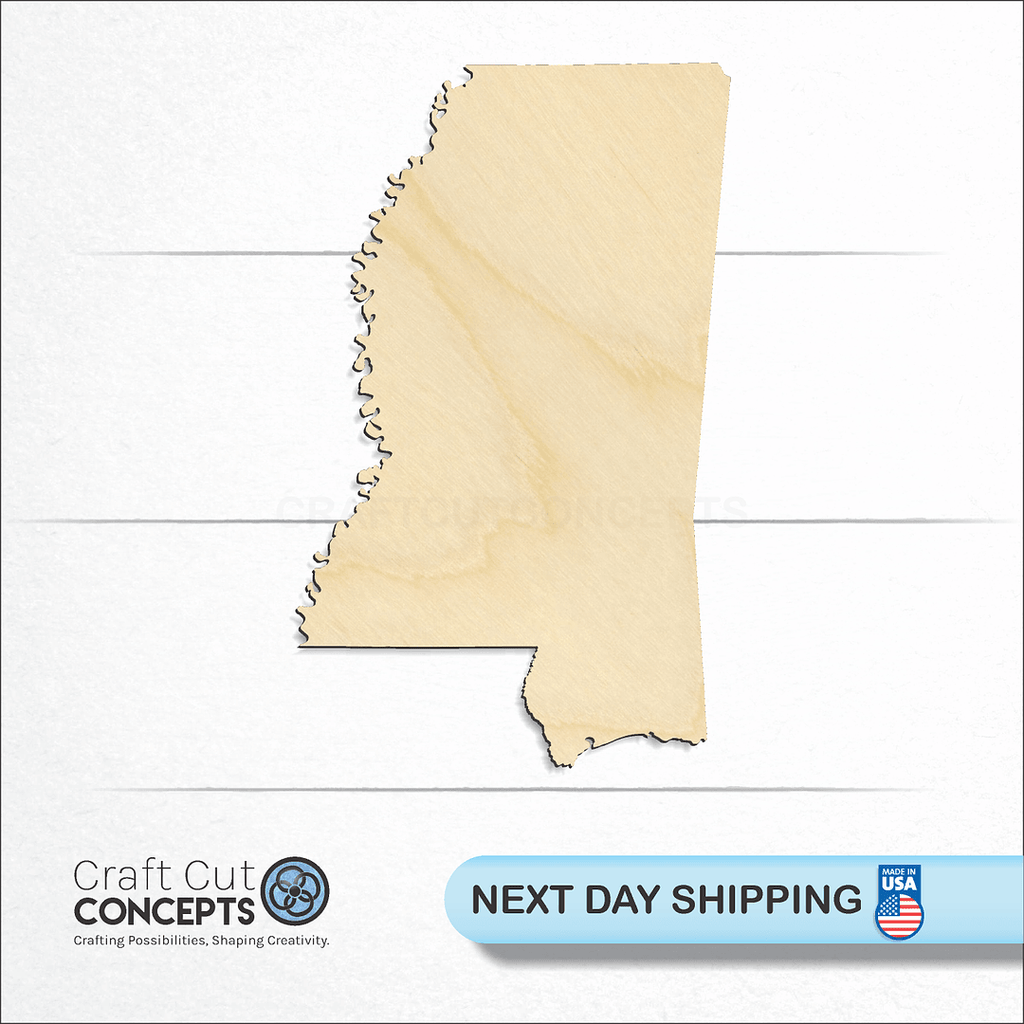 Craft Cut Concepts logo and next day shipping banner with an unfinished wood State - Mississippi craft shape and blank