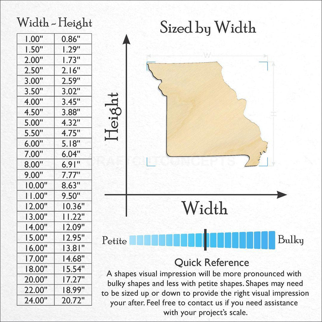 Sizes available for a laser cut State - Missouri CRAFTY craft blank