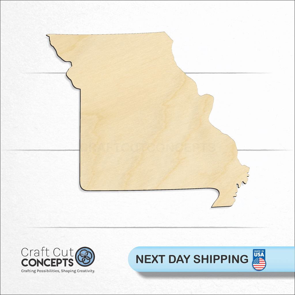 Craft Cut Concepts logo and next day shipping banner with an unfinished wood State - Missouri CRAFTY craft shape and blank