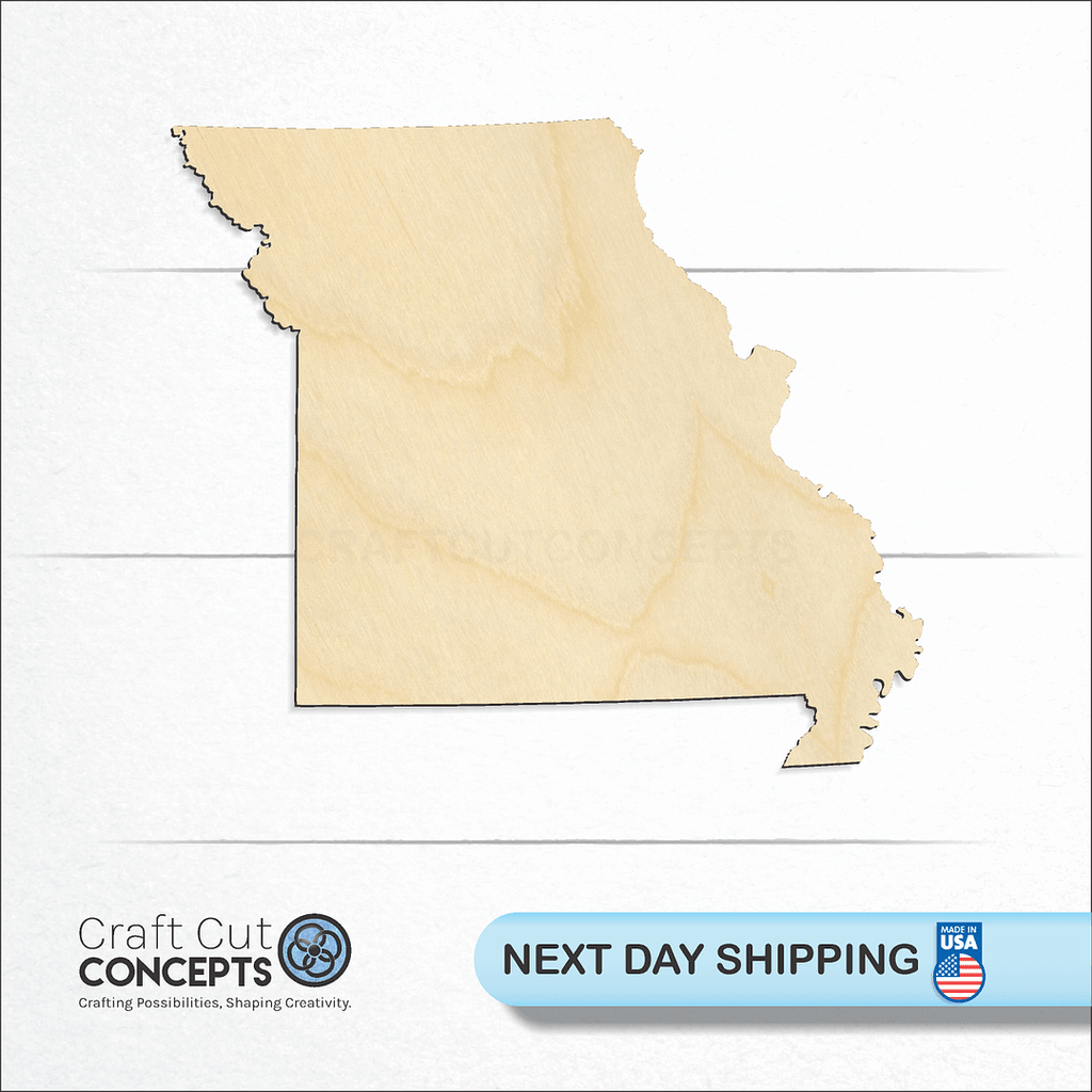 Craft Cut Concepts logo and next day shipping banner with an unfinished wood State - Missouri craft shape and blank