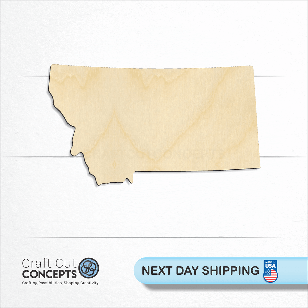 Craft Cut Concepts logo and next day shipping banner with an unfinished wood State - Montana CRAFTY craft shape and blank