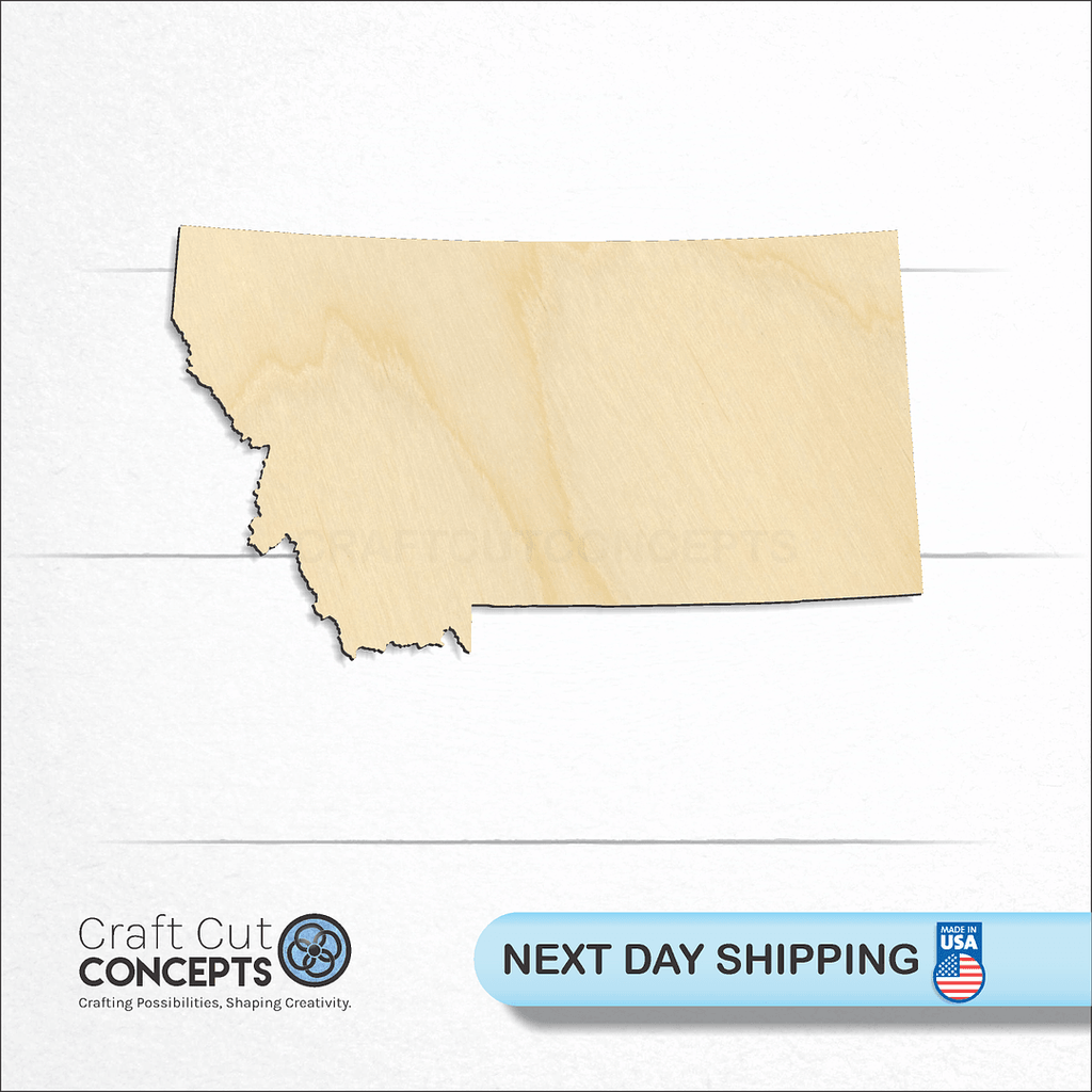 Craft Cut Concepts logo and next day shipping banner with an unfinished wood State - Montana craft shape and blank