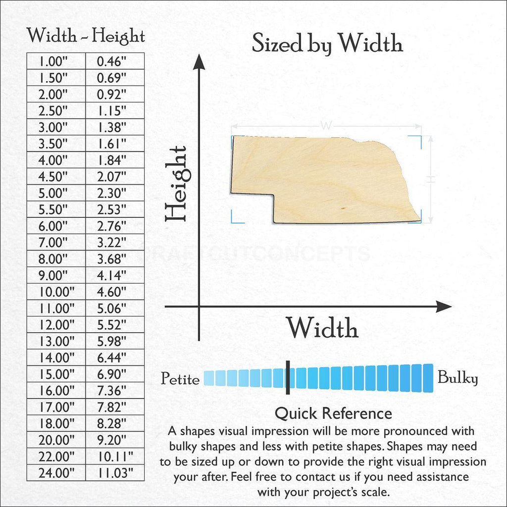 Sizes available for a laser cut State - Nebraska CRAFTY craft blank