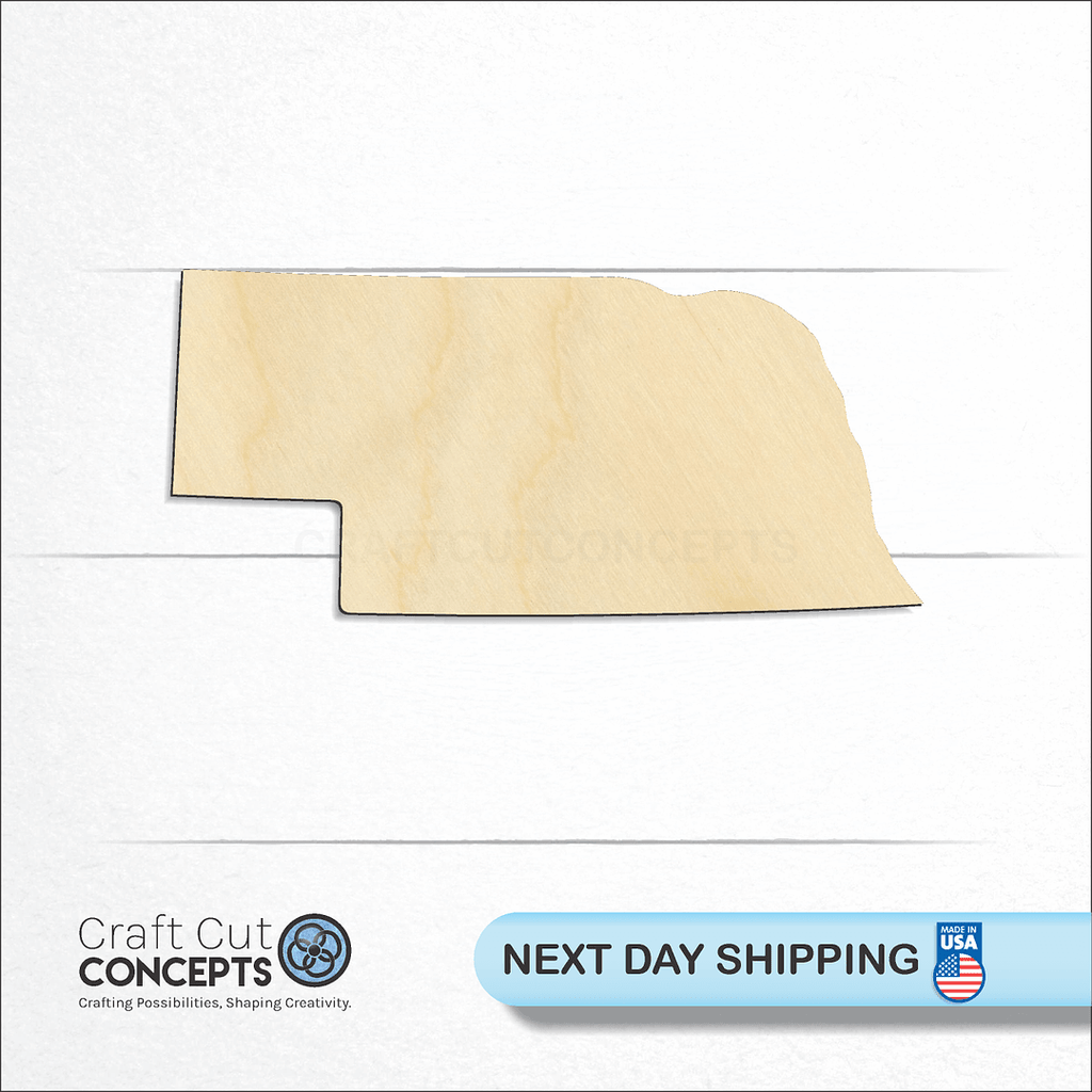 Craft Cut Concepts logo and next day shipping banner with an unfinished wood State - Nebraska CRAFTY craft shape and blank