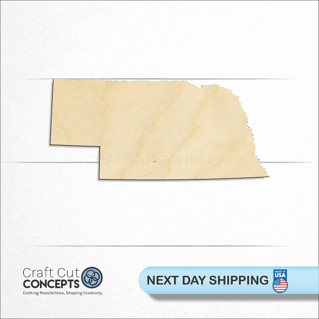 Craft Cut Concepts logo and next day shipping banner with an unfinished wood State - Nebraska craft shape and blank