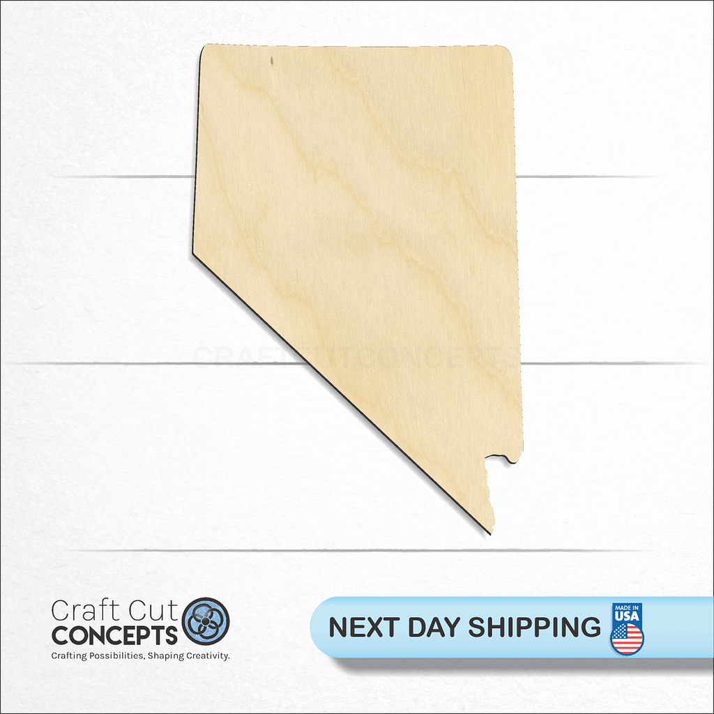 Craft Cut Concepts logo and next day shipping banner with an unfinished wood State - Nevada CRAFTY craft shape and blank