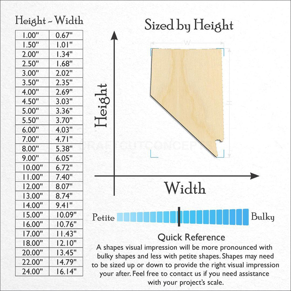 Sizes available for a laser cut State - Nevada craft blank