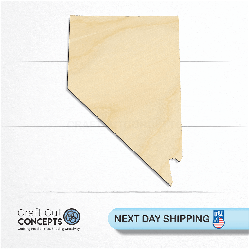 Craft Cut Concepts logo and next day shipping banner with an unfinished wood State - Nevada craft shape and blank