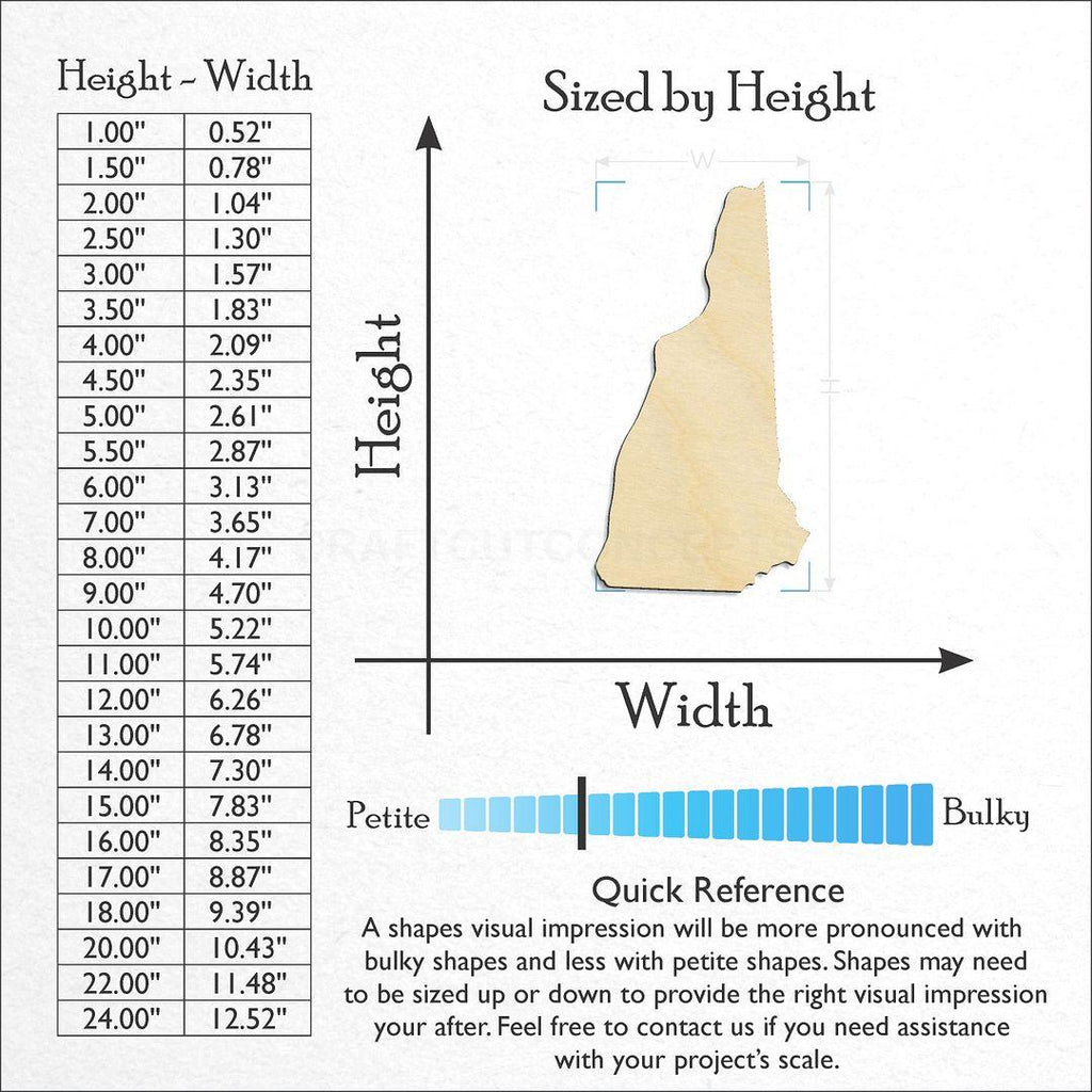 Sizes available for a laser cut State - New Hampshire CRAFTY craft blank