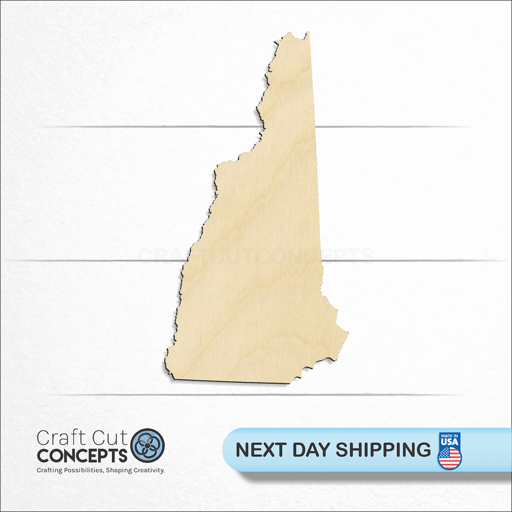 Craft Cut Concepts logo and next day shipping banner with an unfinished wood State - New Hampshire craft shape and blank