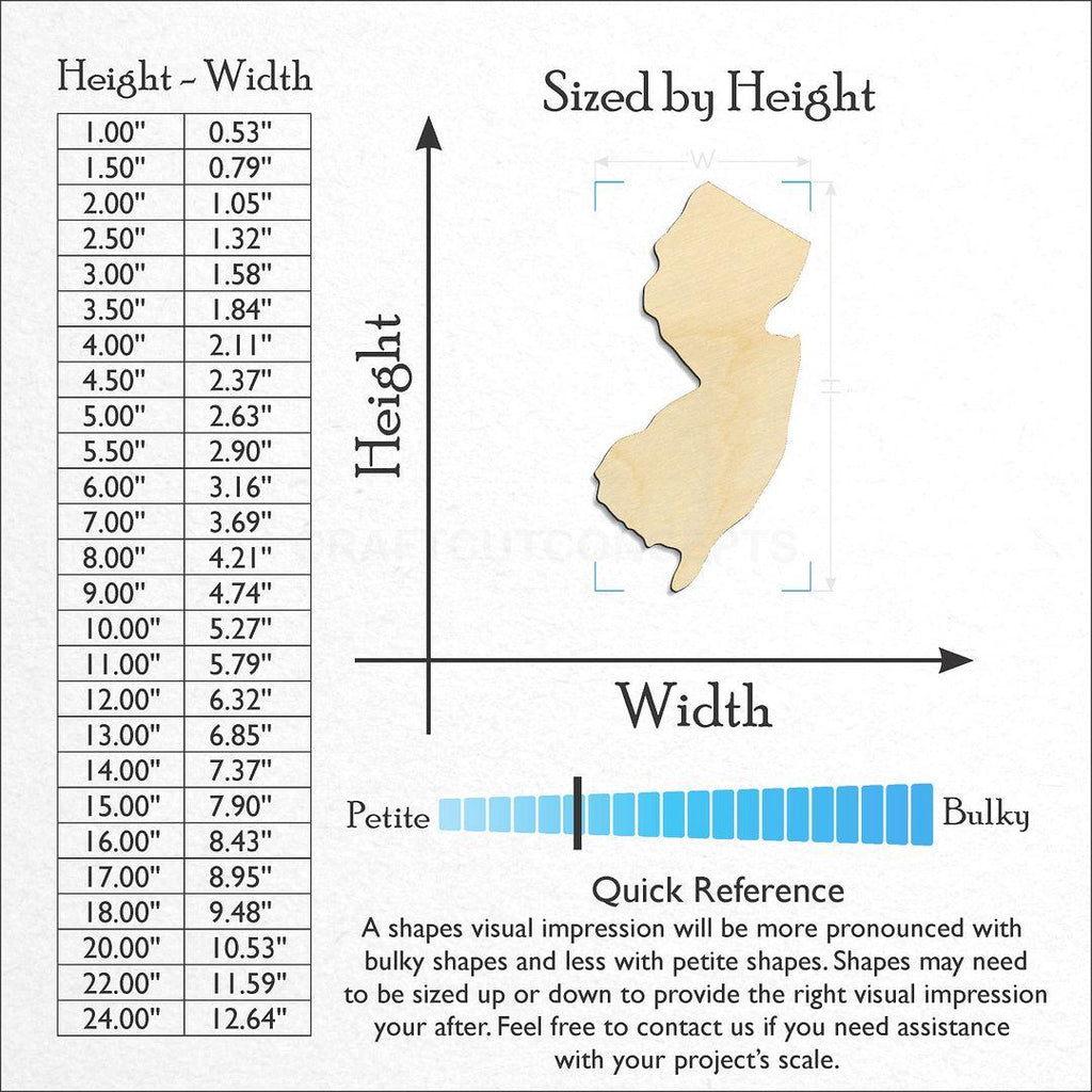 Sizes available for a laser cut State - New Jersey CRAFTY craft blank