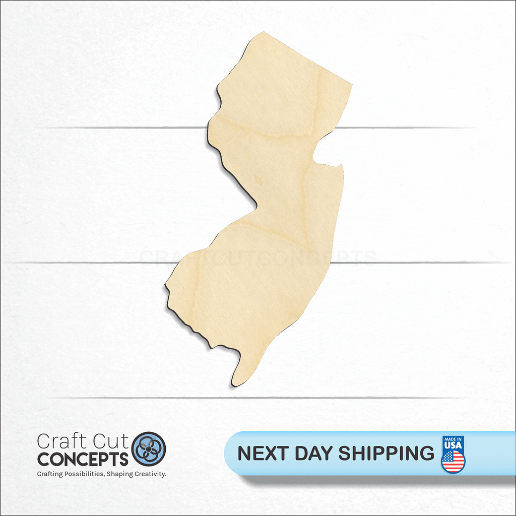 Craft Cut Concepts logo and next day shipping banner with an unfinished wood State - New Jersey CRAFTY craft shape and blank