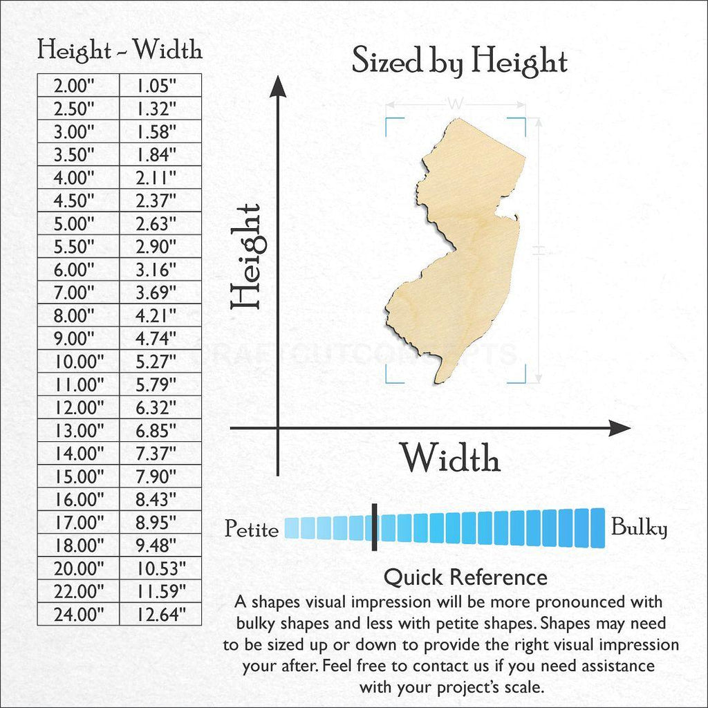 Sizes available for a laser cut State - New Jersey craft blank