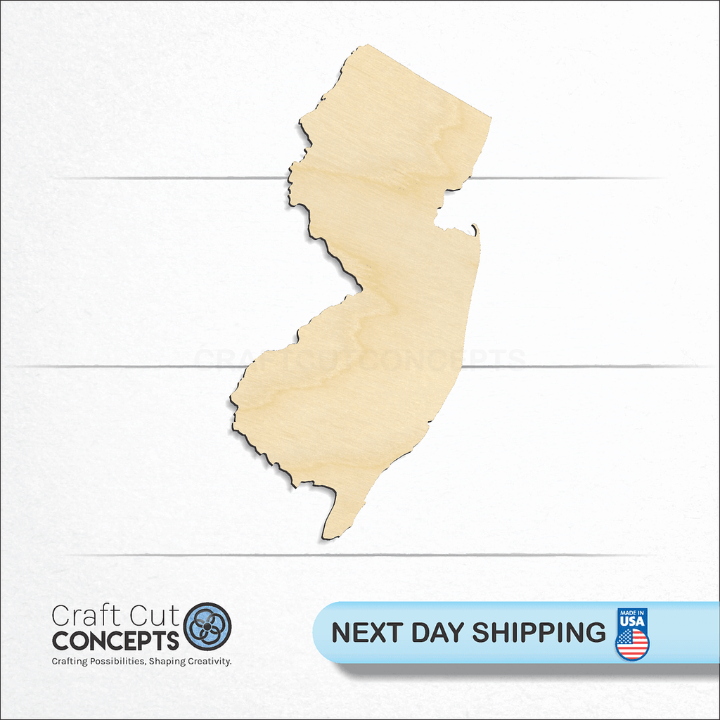 Craft Cut Concepts logo and next day shipping banner with an unfinished wood State - New Jersey craft shape and blank