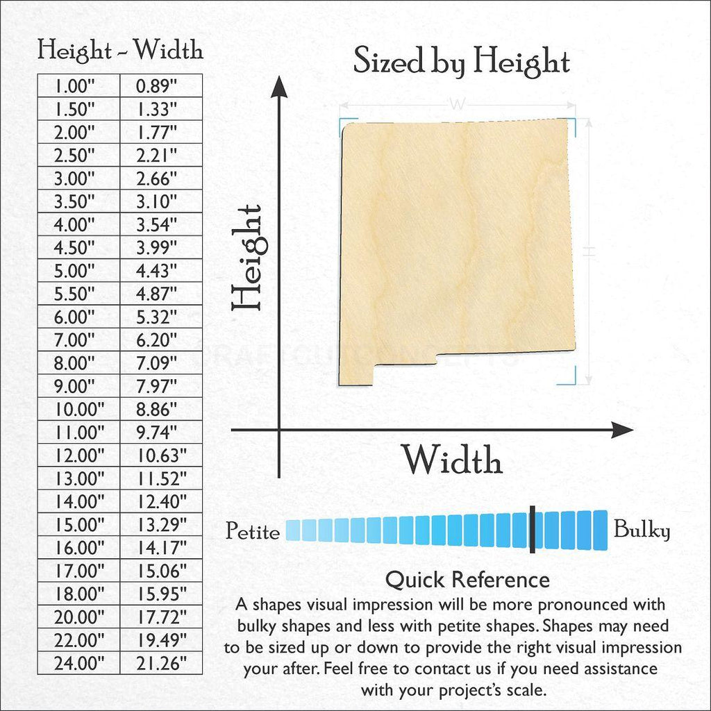 Sizes available for a laser cut State - New Mexico CRAFTY craft blank