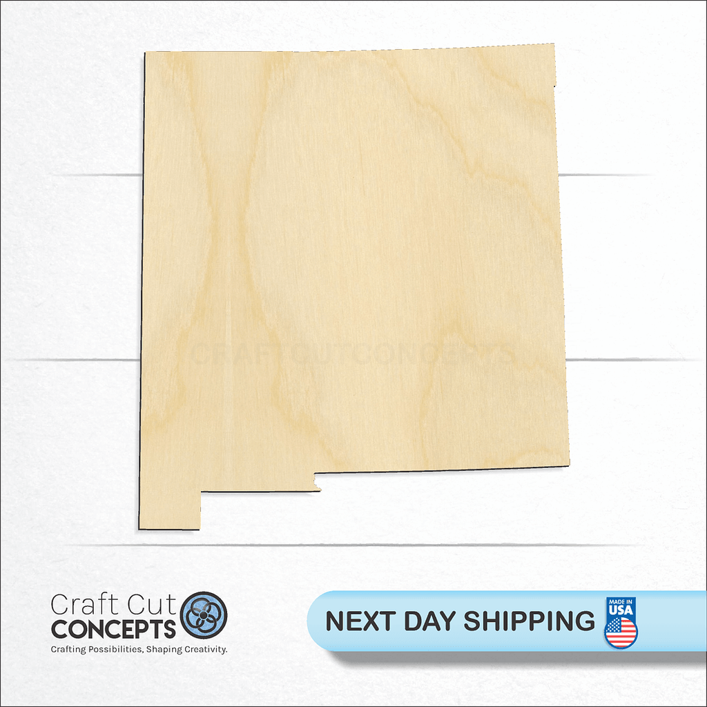 Craft Cut Concepts logo and next day shipping banner with an unfinished wood State - New Mexico craft shape and blank